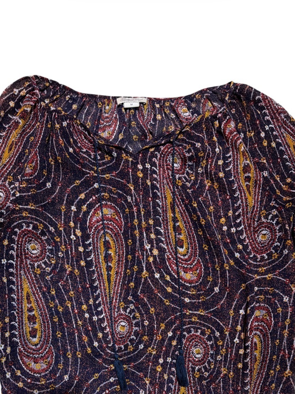 Lucky Brand Women’s M Sheer Paisley Peasant Blouse Boho Tassel Tie - Picture 2 of 5